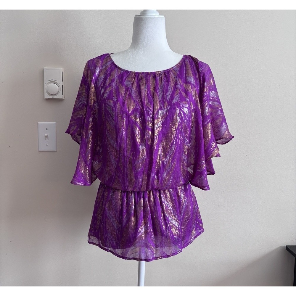 Trina Turk Top Womns Small‎ SILK Purple Gold Silver Party Going Out Flutter